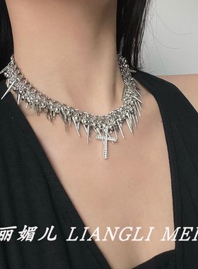 多层金属球流苏十字架项链锁骨链