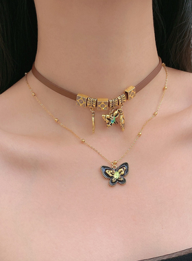 金属叠戴双层女蝴蝶锁骨链项链