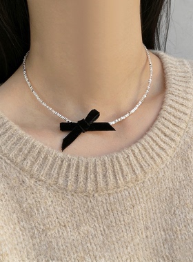 黑色蝴蝶结极简碎银闪钻项链女