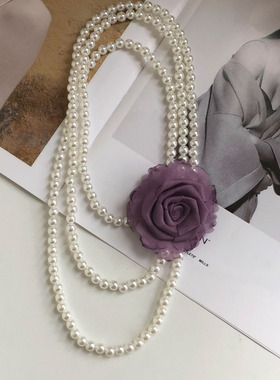 紫色玫瑰花朵多层珍珠项链女
