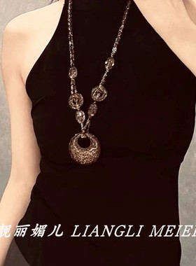 民族风豹纹平安扣粉水晶串珠项链