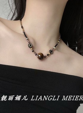 新中式民族风棕色圆珠锁骨颈链