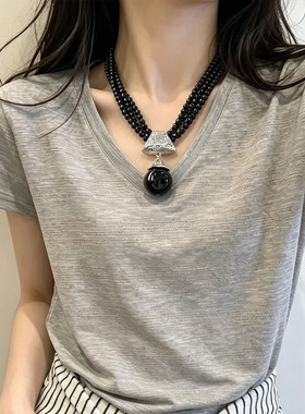 辣妹风黑色串珠多层大吊坠项链女