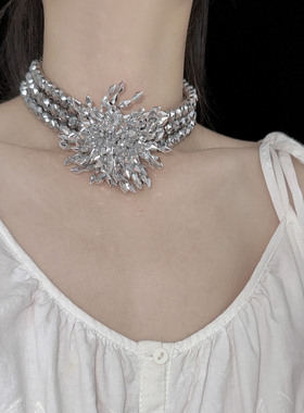 多层串珠水晶烟花流苏花朵项链