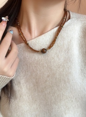 咖色虎眼石双层水晶串珠项链女款