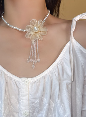 温柔花朵珍珠颈链项链流苏choker