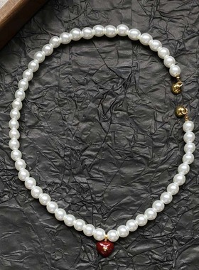 复古酒红色滴釉爱心串珠珍珠项链