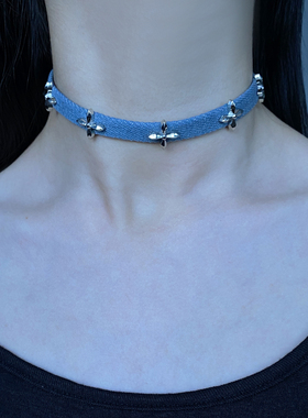 金属蓝色女十字架芒星锁骨链项圈