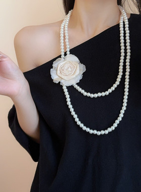 粉紫色玫瑰花朵多层珍珠项链女