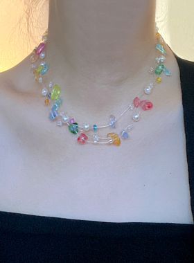 水晶多层彩色串珠不规则锁骨项链