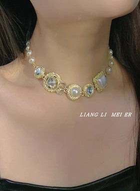 金属拼接女几何镶钻项链锁骨链