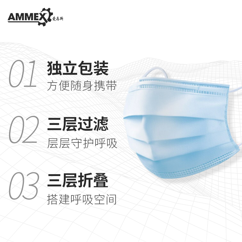 AMMEX爱马斯一次性口罩三层无纺布独立装正品正规透气防护面罩 - 图0