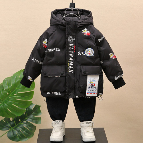 奥特曼男童羽绒服冬季儿童90白鸭绒加厚外套宝宝红色过年拜年衣服 - 图0