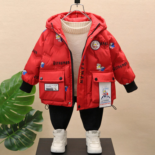 奥特曼男童羽绒服冬季儿童90白鸭绒加厚外套宝宝红色过年拜年衣服 - 图2