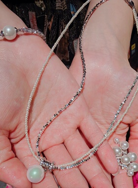 双层缠绕碎碎银人工贝珠项链银色法式复古长辈颈链轻奢礼物流苏
