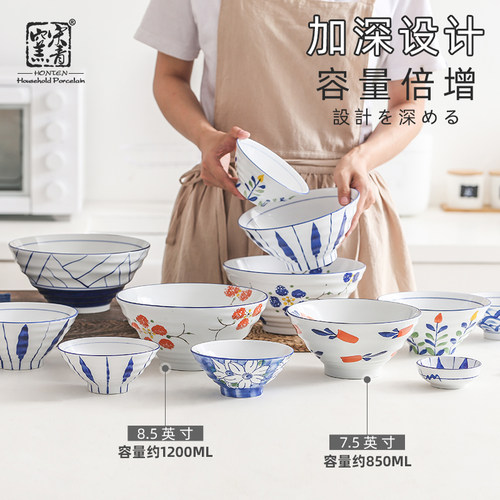 手绘面碗高脚碗餐具旧款陶瓷青花瓷斗笠碗拉面大碗泡面牛肉面饭碗 - 图1