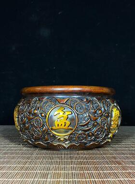 聚宝盆摆纯铜鎏金浮雕钱币元宝聚宝盆沈万三同款客厅自用摆件