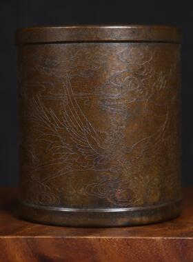 加重纯铜笔筒印花工艺龙凤图案立体感强 办公室书房书桌首选摆件