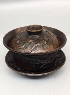 古玩铜器连年有余盖碗复古纯铜中式茶碗三件套摆件