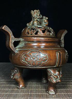 仿古做旧紫铜浮雕长耳狮子香炉家庭小香炉迷你版家居客厅装饰品