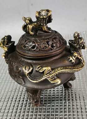 纯铜做旧御制香炉三足鼎纯铜鎏金螭耳香薰炉貔貅双耳带盖铜炉摆件