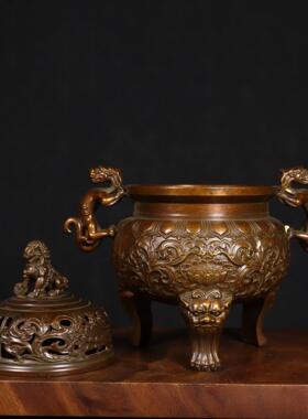 大号纯铜螭龙狮盖三足炉枣红皮包浆 皮色红润 开业送礼  铜之重器