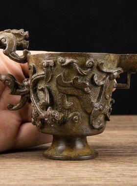 古玩纯铜貔貅瑞兽酒尊铜杯老铜爵杯酒具居家文玩老铜艺装饰品摆设