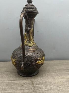 水壶酒壶摆件茶壶仿古铜摆件古玩铜器海兽壶古风纯铜酒壶古代老式
