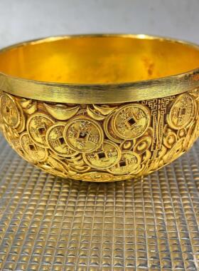 新款黄铜金色茶碗办公室聚宝盆纯铜家用客厅个性装饰工艺品