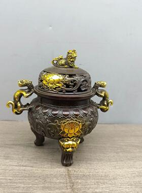 仿古铜摆件古玩铜器兽耳炉鎏金花纹三足鼎香炉老式纯铜家用香炉