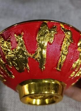 仿古纯铜鎏金古玩收藏彩八仙过海图碗形态端正工艺品摆件