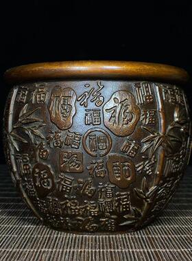 客厅黄铜茶叶罐百福聚宝盆纯铜大号点金竹纹精品浮雕百福缸