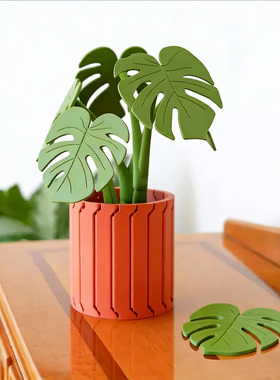 龟背竹杯垫创意餐桌摆件仿真绿植植物盆栽磁吸隔热垫树叶子防烫垫