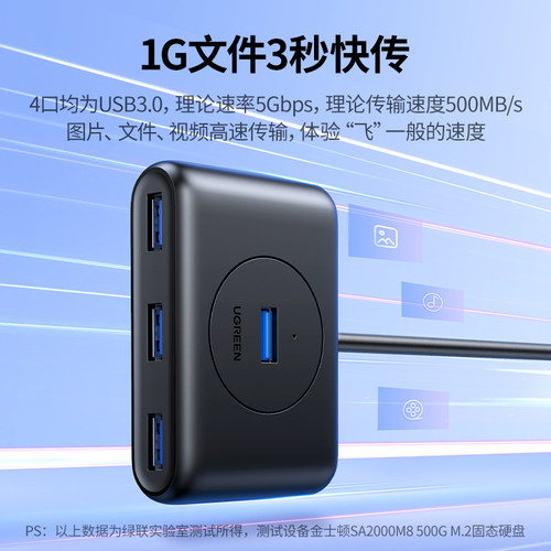绿联USB3.0扩展器集分线器转换接头拓展插头多口外接U盘HUB加长延长线多功能供电适用mac笔记本台式电脑 - 图1