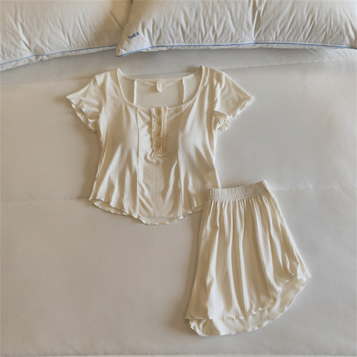 带胸垫睡衣女夏季莫代尔短袖短裤纯欲风可外穿纯棉网红家居服套装 - 图2