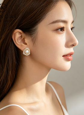 三生轮回淡水珍珠耳钉金色时尚女