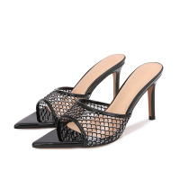 New Fashion Wind Sheep Leather Mesh High Heel Sandal Tip Fine Heel Water Drill High Heel Slippers One Foot Pedal Elegant 100 lap