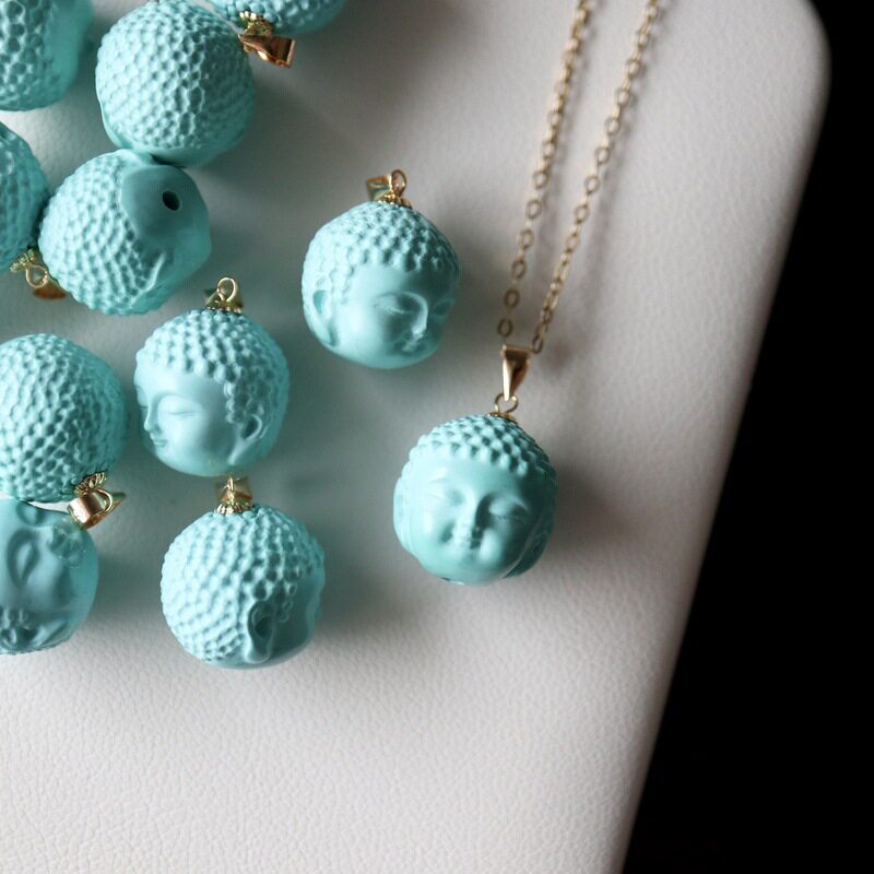 玲珑18k金天然绿松石佛头吊坠释迦摩尼佛项链k金镶嵌首饰品