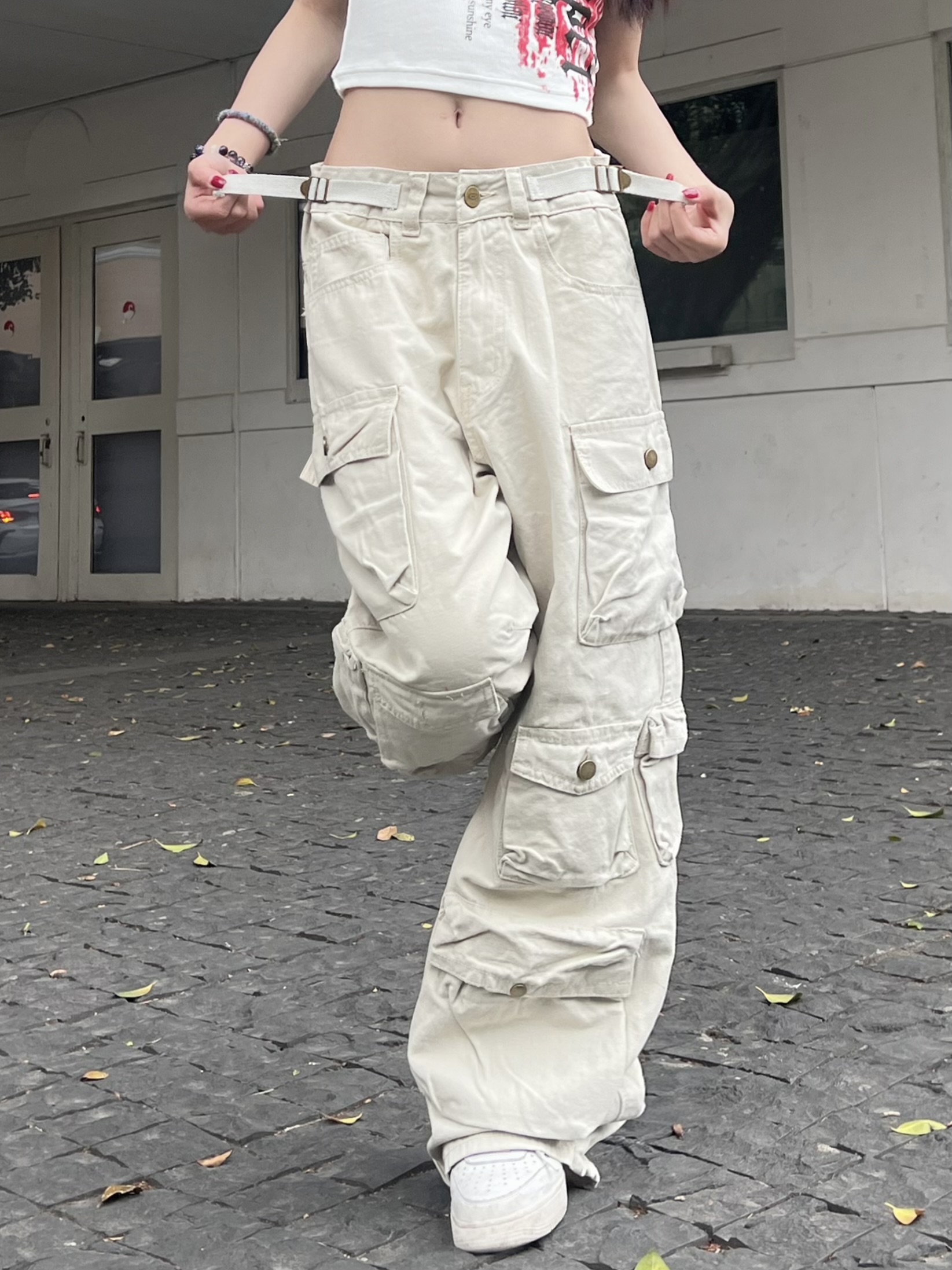 1N1N美式复古水洗做旧工装裤女拖地设计师多口袋辣妹爵士跳舞裤子 - 图3