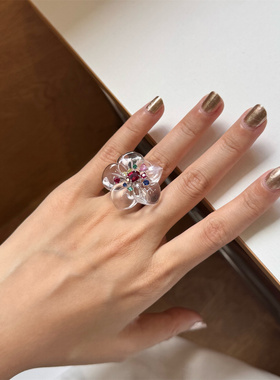 minicyber白水晶戒指花朵小众风
