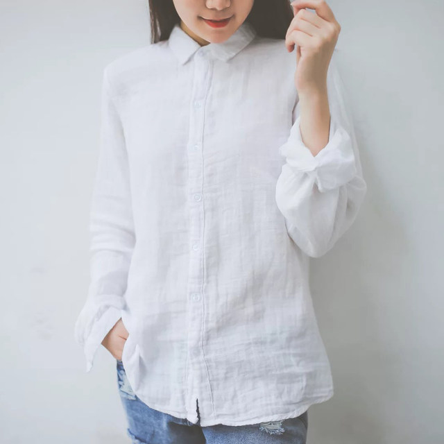 Foreign Trade Original College Wind Double -Layer Cotton Small Fresh Broken Long -sleeved Shirt Female White Shirt Loose Permanent Us