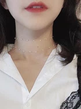 手工制作透明鱼线锆石珍珠项链