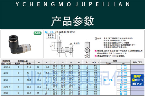 米标模具冷却水用快速接头M-PL4 6 8 10 12-1 2 3气动管外六角L型 - 图2