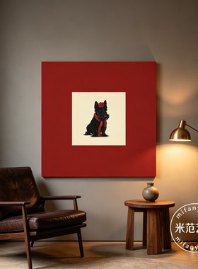 复古红底苏格兰梗小狗装饰画中古风客厅可爱卡通 Scottie犬挂画