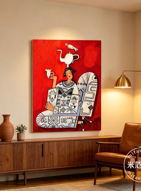 红色抽象人物茶壶油画中古风客厅落地大画小众艺术玄关复古挂画
