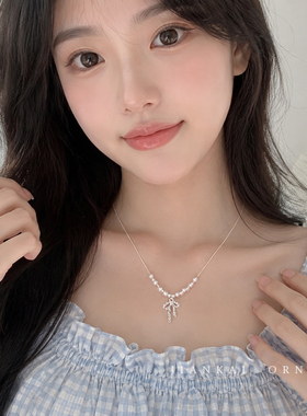 法式蝴蝶结仿珍珠项链女士高级感