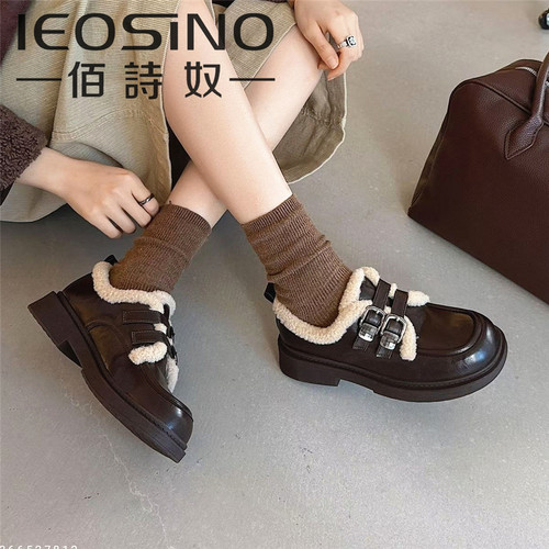 366527812佰诗奴2025新款加绒女百搭皮带扣小皮鞋冬季保暖乐福鞋 - 图0