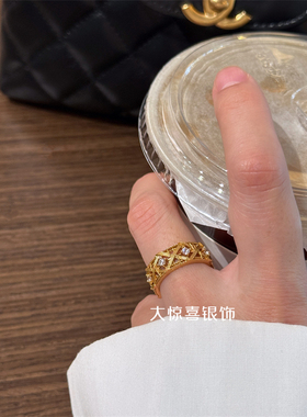 925纯银镀金戒指女小众设计轻奢高级感复古中古中指个性装饰