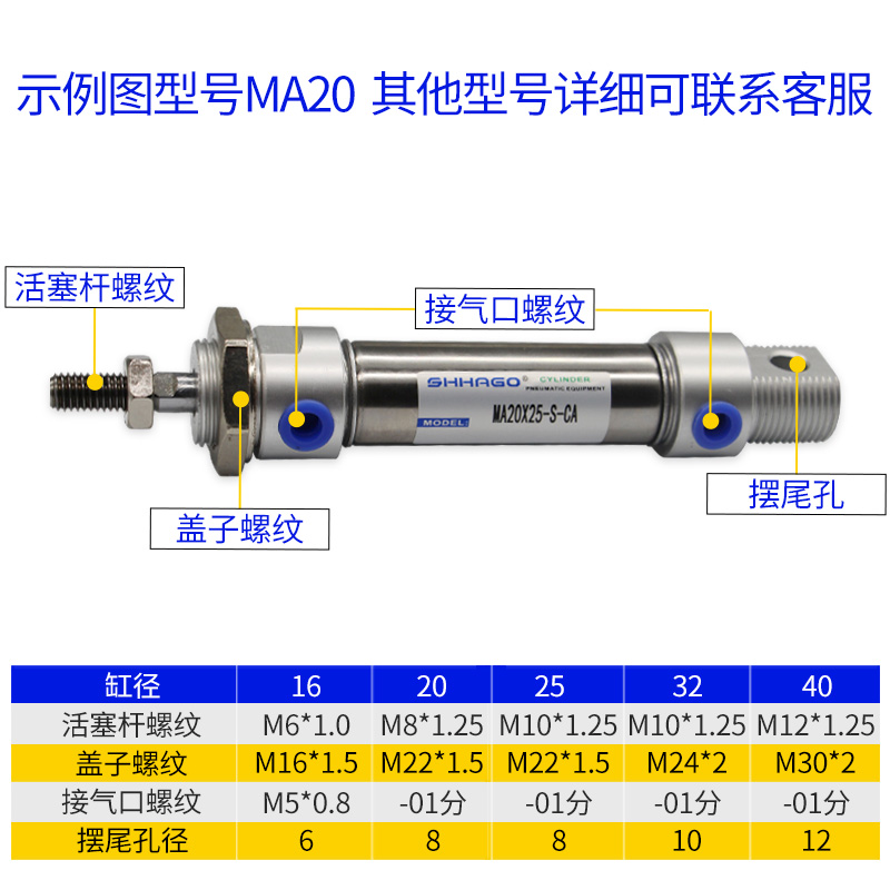 MA小型气动大推力不锈钢MA20/25/32/40/X50X75100SCA带磁迷你气缸 - 图1