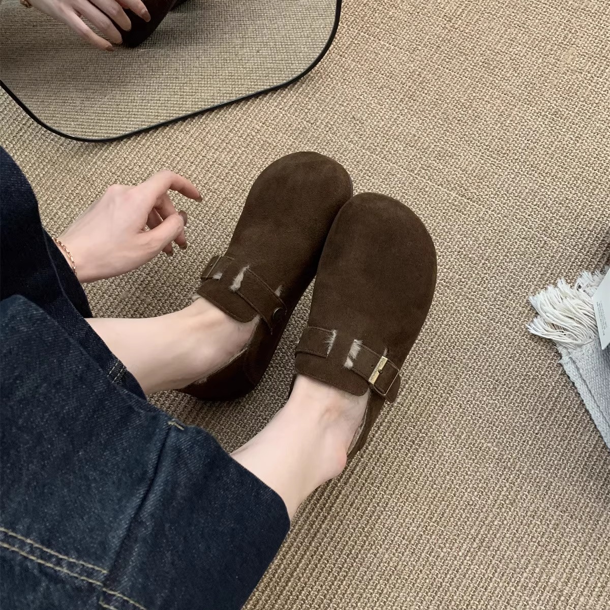 真牛皮软平底勃肯鞋女加绒保暖春秋冬季新款复古丑萌单鞋子一脚蹬 - 图2